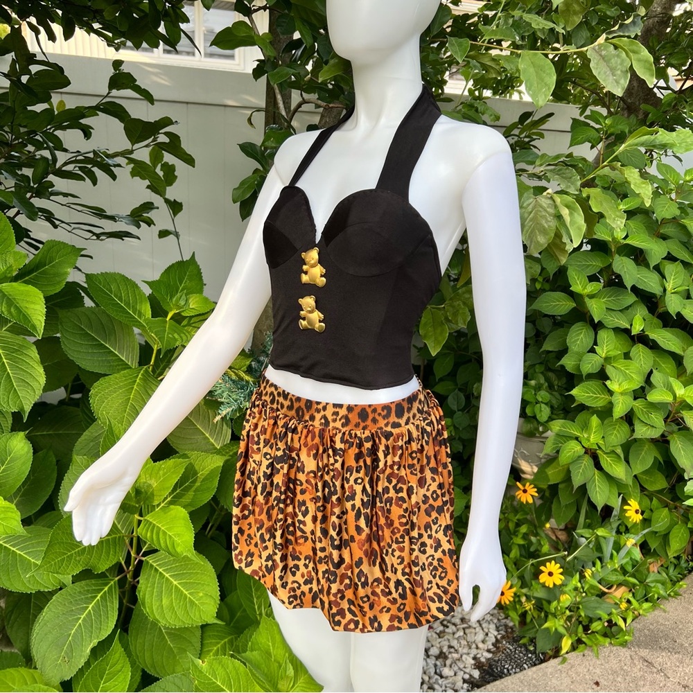 Vintage Black Halter Corset Articulated‎ Golden Bears Leopard Bubble Skirt Y2K